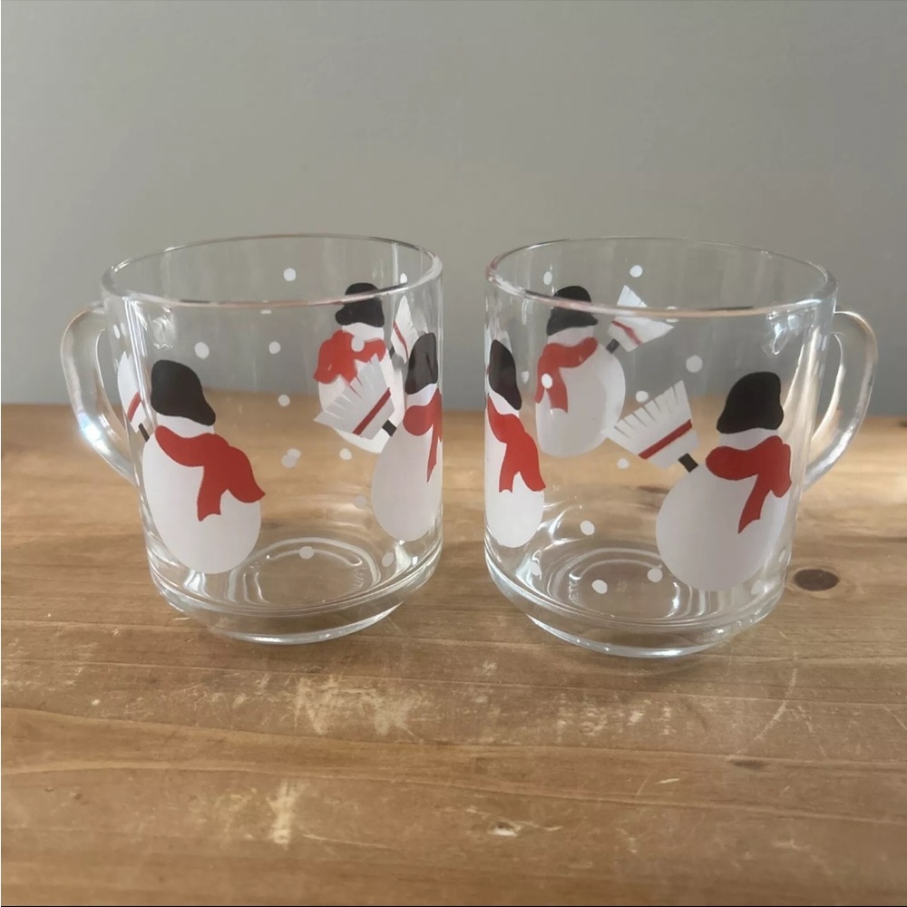 Luminarc Clear Snowman Mugs Crate & Barrel Coffee Cup Holiday Christmas Set of 2